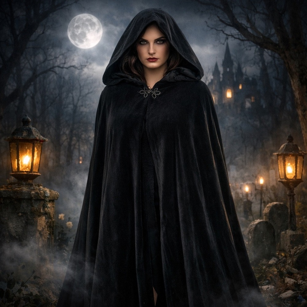 Julia Klein Black Velvet‎ Hooded Cloak Long Cape Small Cosplay Opera Gala Event